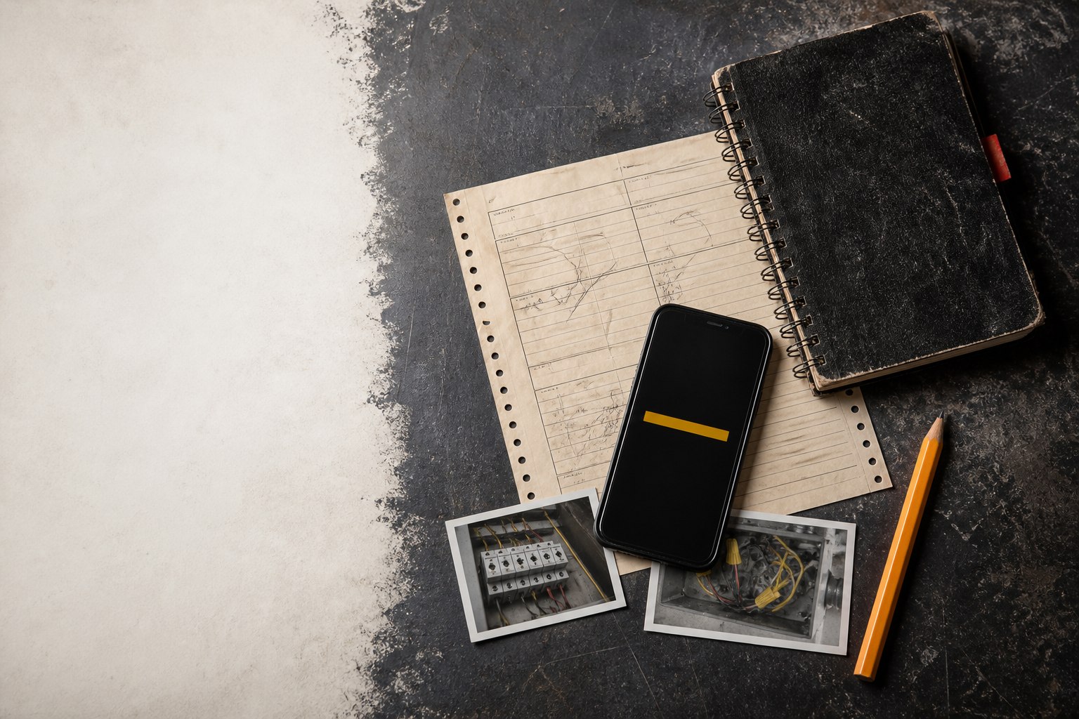 Carnet de terrain, fiche d’intervention, téléphone et photos de preuve sur un établi